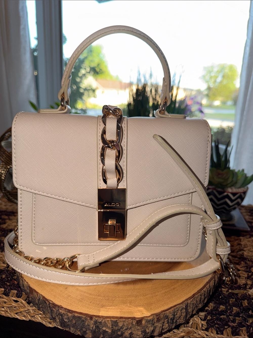 ALDO Cream Satchel with Gold Chain and Turn-Lock
